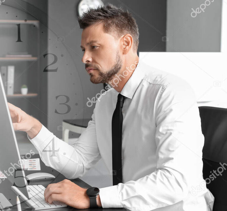 Double exposure of clock and young businessman working in office. Deadline concept